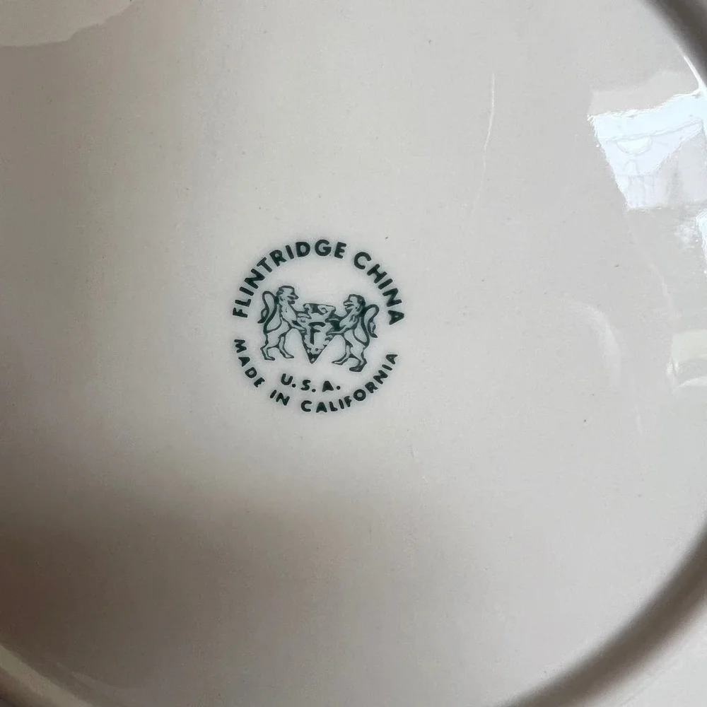 Flintridge China Bread Plate Cream Teal Gold Trim Made in California USA 6.25